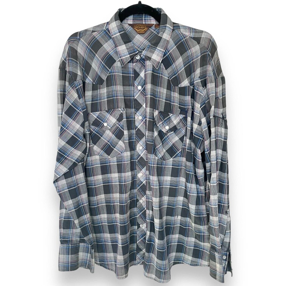 Vintage Y2K Hombre California Blue Black Plaid Long Sleeve Pearl Snap Shirt XL